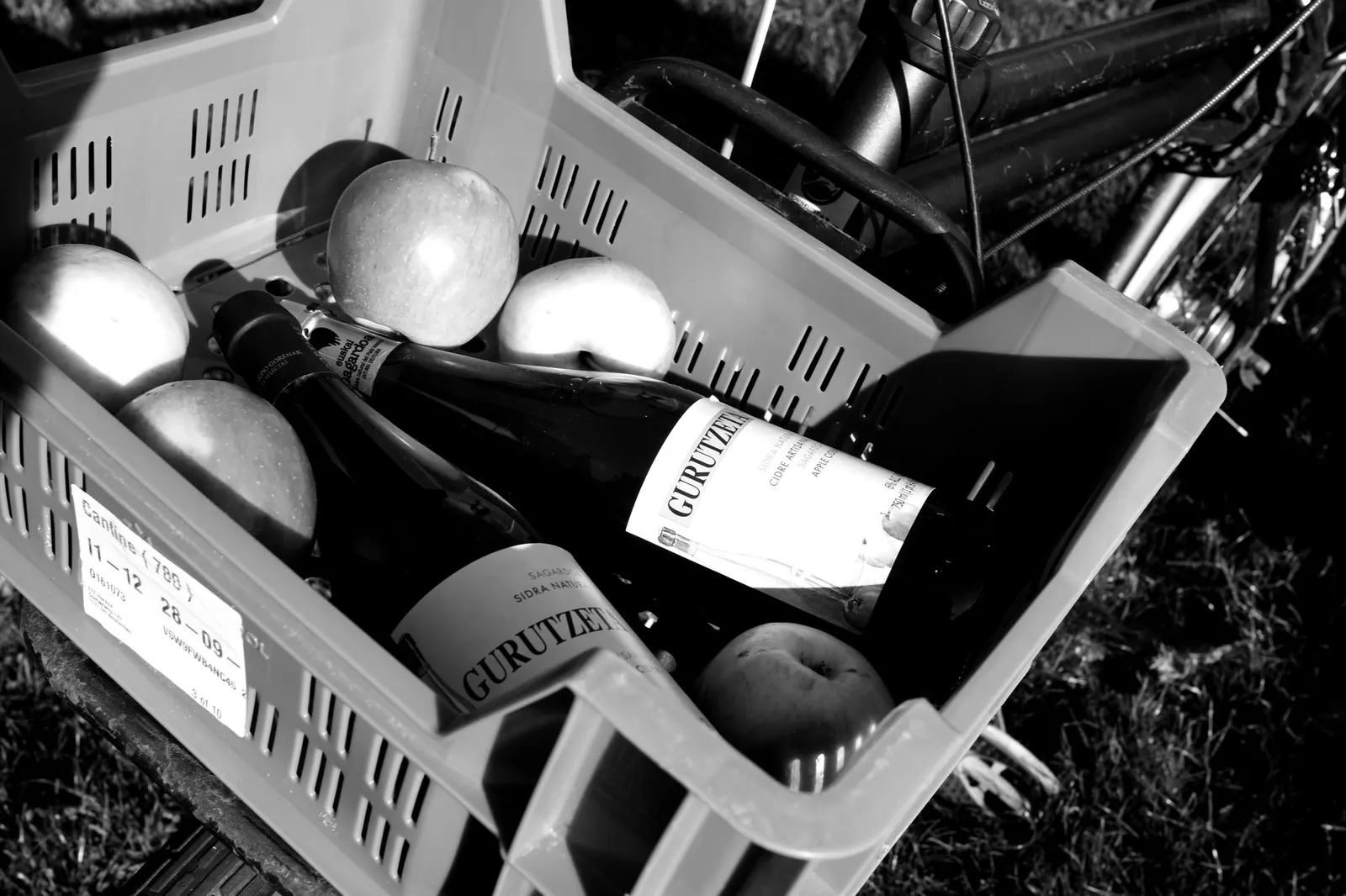 A bike crate holding Gurutzeta cider bottles and apples, ready for delivery